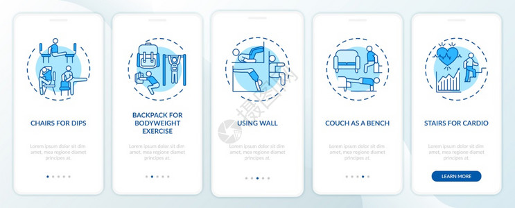 Gym使用带有概念的移动应用程序页面屏幕上的其他选项Dips心血管穿行5步的楼梯图形指示配有RGB颜色插图的UI矢量模板使用带有图片