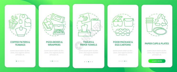 含有概念的食品污染纸质废物在登上移动应用程序页面屏幕上组织包装纸穿行5步图形说明带有RGB彩色插图的UI矢量模板含有概念的食品污图片