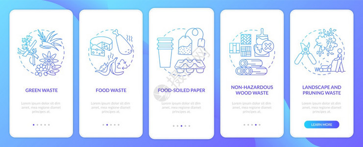 含有概念的可生物降解废类型装上移动应用程序页面屏幕Foodprunning废物横穿5步的图形说明配有RGB颜色插图的UI矢量模板图片