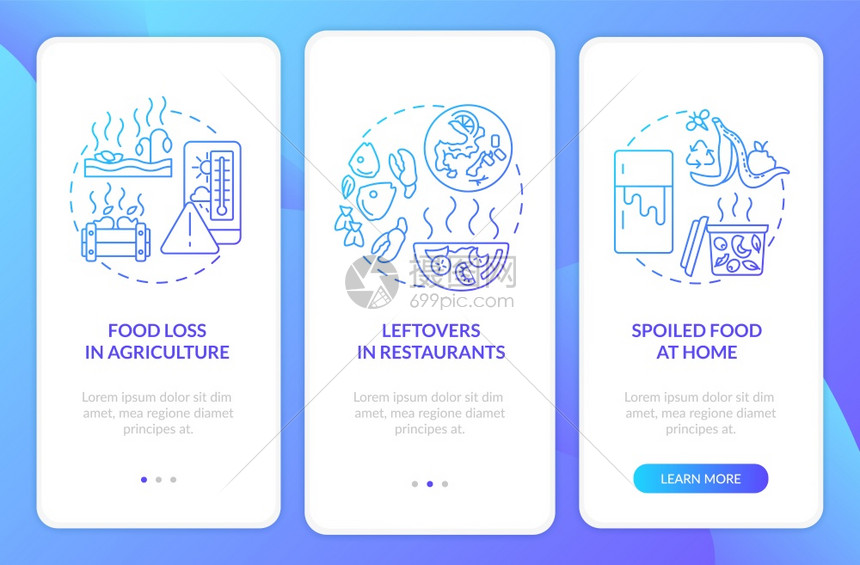 带概念的可生物降解废登入移动应用程序页面屏幕农场剩余废物腐烂食通过三步图示指配有RGB颜色插图的UI矢量模板图片