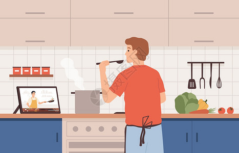 观看视频食谱使用在线厨师课程房做饭的人在家庭矢量概念上通过辅导远程学习来准备食物在平板上用指南做菜在家庭矢量概念上通过辅导远程学图片