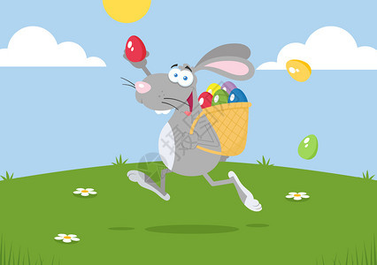 带篮子和鸡蛋运行的复活节兔子卡通字符图片