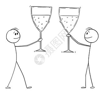 两位男子或商人以大杯葡萄酒或香槟矢量卡通插图或格庆祝成功图片