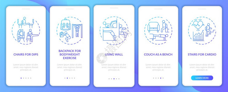 Gym设备替代品装在带有概念的移动应用程序页面屏幕上后包装使用墙壁心穿行5步图形指示带有RGB颜色插图的UI矢量模板图片