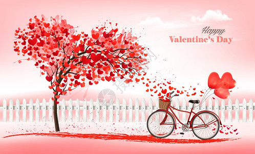 粉红假日情人节和日背景用红色芭蕾和树的双轮车有心形叶子矢量图片