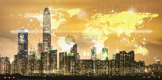 深圳日落景天线建筑城市数字在线全球商业概念和城市国际连线场术语美国航天局提供的这一图像元素图片