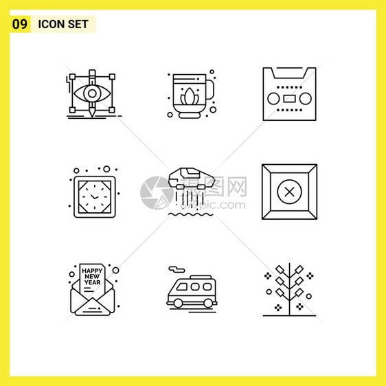 一套9个现代UI图标符号用于个人手表音频钟可编辑的矢量设计元素图片