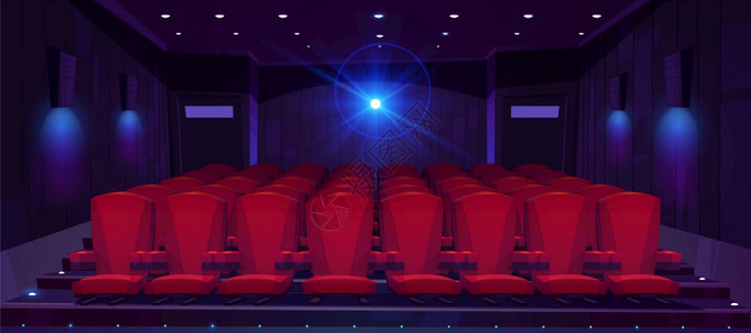 电影剧院厅为观众和电影放映员提供座位排用现代红色椅子和放映机灯光显示室内空礼堂的矢量漫画插图图片