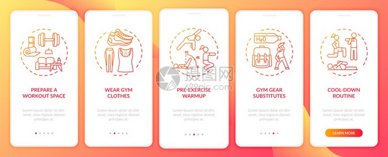 带概念的移动应用程序页面屏幕上的家庭体育活动提示Gym服装冷却的常规漫步5图形指示带有RGB颜色插图的UI矢量模板带概念的移动应图片