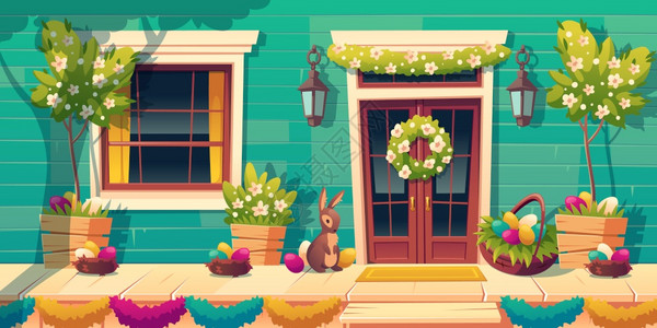 在门和木前上摆着东边装饰的房屋外墙摆着东边装饰的房屋在蜂巢可爱的兔子和家墙上花冠布满彩色鸡蛋在外面建造有阳台和春季阶的矢量漫画在图片