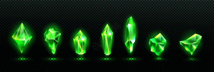 珍贵的绿宝石在透明背景上隔绝的闪亮绿晶体矢量现实的一组发光宝石有不同的形状带魔法光的晶宝石珍贵的绿宝石闪亮晶体图片