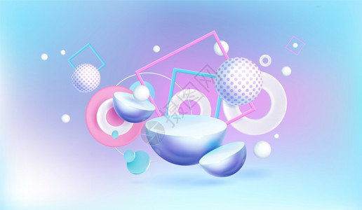 蓝色和粉背景几何形状波尔卡圆点半球和白环或圆形有方的广告促销矢量背景背景图片