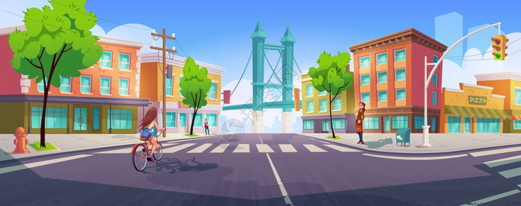 城市街上有十字路口建筑物和桥梁的人乘坐自行车跨越斑马的交通十字路口公民享有步行权绿树的城市建筑卡通矢量插图有十字路口和建筑物的城图片