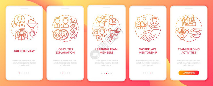 包含概念的移动应用程序页面屏幕上的团队建设活动新的工人步走5图形指示的阶段配有RGB颜色插图的UI矢量模板配有概念的移动应用程序图片