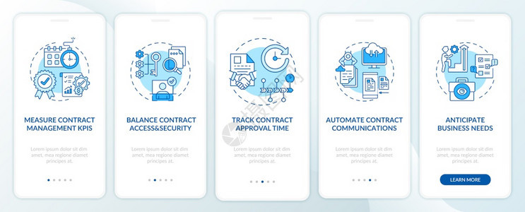 带概念的移动应用程序页面屏幕上的有效合同管理提示合同设置通过5步图形说明配有RGB彩色插图的UI矢量模板图片