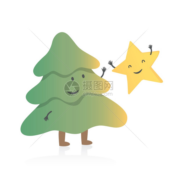 圣诞树和新年金星卡通风格矢量插图图片