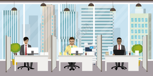 现代办公室经理在工作场所三个字符缩放矢量插图图片