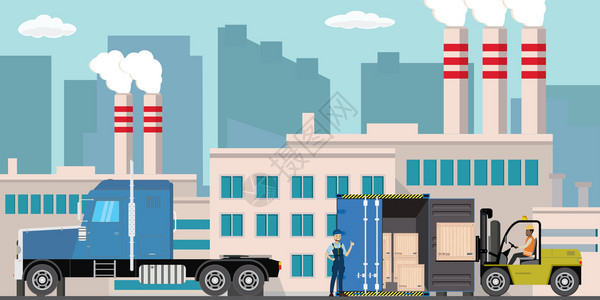 工业厂对背景的城市观Delivery长卡车集装箱和用木叉车烟熏的Pipe图片