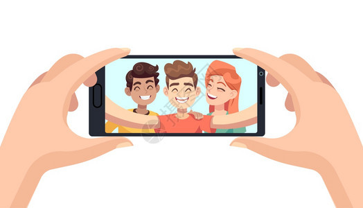 手持智能机男女笑的朋友在设备屏幕上制作肖像照片与快乐的人一起制作移动照片自拍卡通色彩多的孤立概念自拍片手持智能机片面手持智能面手图片