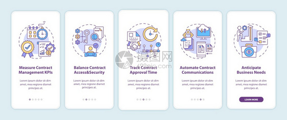 带概念的移动应用程序页面屏幕上的有效合同管理提示合同管理通过5步图形说明配有RGB彩色插图的UI矢量模板图片