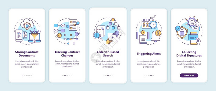 包含概念的移动应用程序页面屏幕上的合同管理软件功能存储文件时走过5步图形指示带有RGB颜色插图的UI矢量模板图片