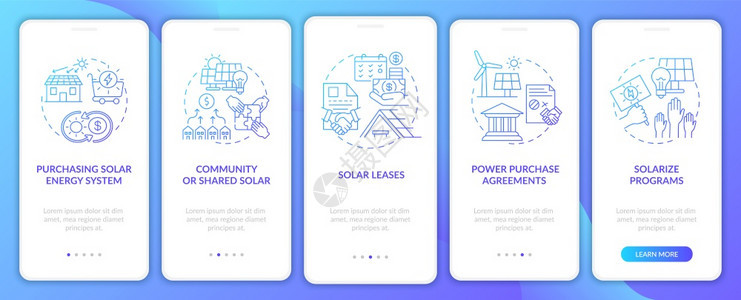 带有概念的移动应用程序页面屏幕上的电源购买协议共享的太阳行走五步图形说明带有RGB颜色插图的UI矢量模板带有概念的移动应用程序页图片