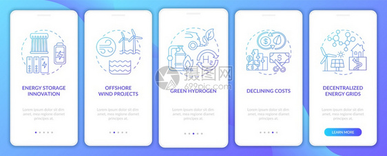 装有概念的移动应用程序页面屏幕上的离岸风项目能源储存创新横穿5步图形说明带有RGB颜色插图的UI矢量模板装有概念的移动应用程序屏图片