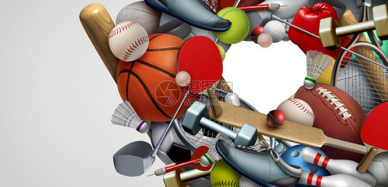爱体育设备背景有足球篮网和高尔夫包括乒乓网曲棍作为健康娱乐包括复制空间作为心脏形状带有3D插图元素图片