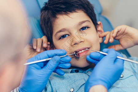 牙医对小男孩定期进行牙科检查背景图片