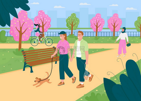 人们在春季公园平板彩色矢量说明中行走公共城市花园的春季户外娱乐健康的生活方式快乐的2D卡通人物和背景城市色图片