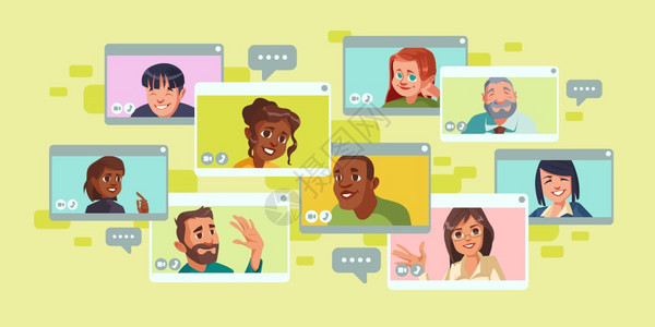 团队或朋友在线交流虚拟商业会议网上研讨或课程对话矢量卡通视频会议与人群视频会议屏幕图片