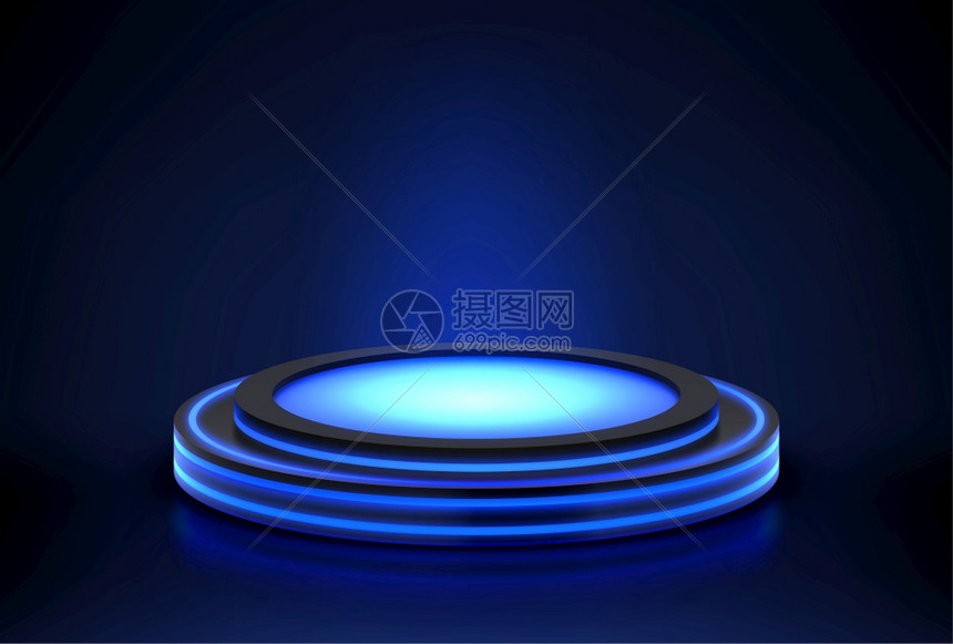 尼昂讲台产品展示或时装表演的空舞台夜总会池的首饰在黑暗中发光的蓝圆场现实的3d矢量插图产品展示的空舞台图片