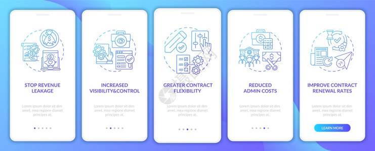 降低成本分5步走的图形说明配有RGB颜色插图的UI病媒模板配有概念的移动应用程序页面屏幕上安装的合同管理自动化的好处配有概念的移图片