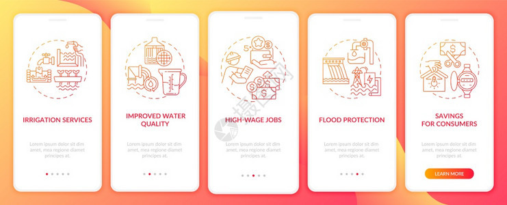 灌溉服务和高工资作通过5步图形指示UI矢量模板配有RGB彩色插图装有概念的移动应用程序页面屏幕上的洪水保护图片