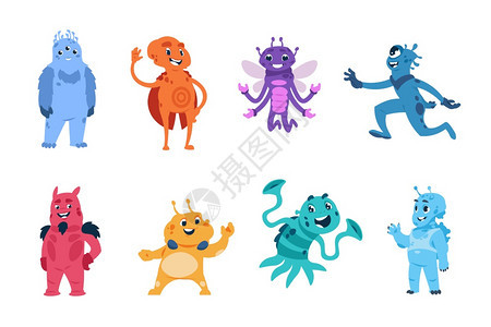 外星异形卡通地怪兽可爱的陌生人和细菌吉祥物有趣的多彩虚构生物短片孤立的微笑宇宙探索者矢量异形可爱的陌生人或和细菌吉祥物小说生的有图片