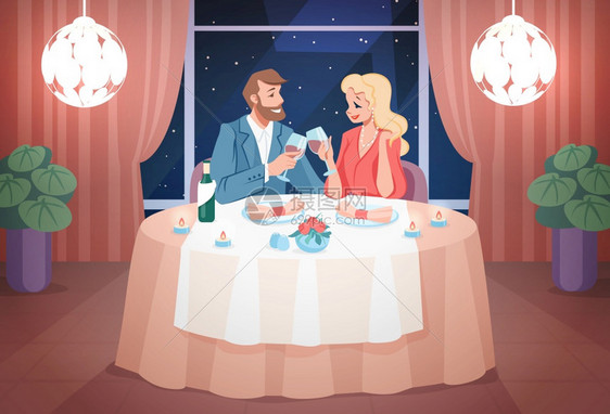 喜马拉雅的情侣用烛光吃晚饭快乐的男女坐在餐桌边晚上喝酒室内在咖啡馆见面的矢量场餐厅日期浪漫的夫妇用蜡烛吃晚饭快乐的男女坐在桌边咖图片