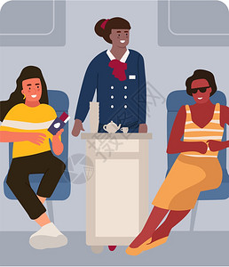 乘飞机旅行的人坐在飞机舱的卡通快乐妇女为旅行者提供饮料的可爱女主人航空公司的病媒运输场飞机上的旅客乘坐飞机的人妇女乘坐飞机的卡通图片