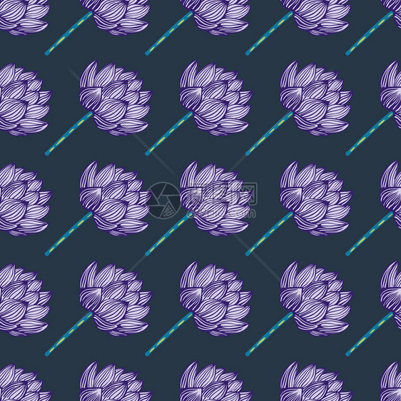 日本自然植物无缝模式有紫色轮廓莲花形状深海蓝底对织物设计纺品印刷包装封面矢量说明来是伟大的图片