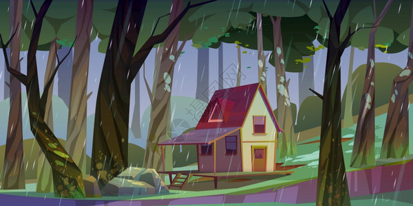 夏日雨天森林中的旧棚屋矢量插画图片