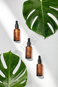 白背景的草药基本油和热带叶替代药物皮肤护理芳香疗法和自然医学图片