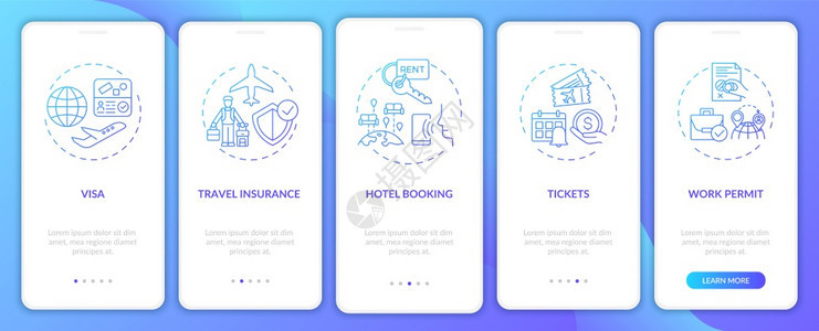 在带有概念的移动应用程序页面屏幕上登商务旅行要求工作许可通过5步图形说明获取签证配有RGB彩色插图的UI矢量模板带有概念的移动应图片