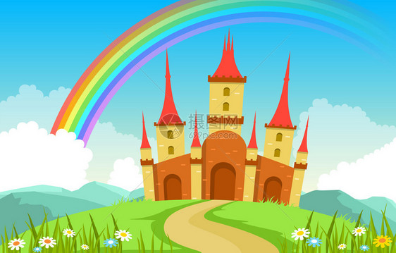 位于仙境童话故事中的城堡宫彩虹图片