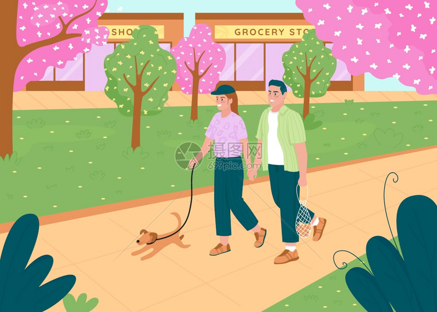 快乐的男朋友和女手持2D卡通人物背景是城市花园图片