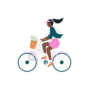 莱美健身骑自行车的非洲美妇女骑自行车的平板彩色矢量详细字符骑自行车的快乐女孩春季户外活动为网络图形设计和动画制作提供孤立的漫画插图骑自行插画