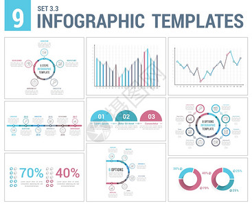 9个图表模板时间表条形和线图饼百分比步骤选择圆形图矢量eps10插图9背景图片