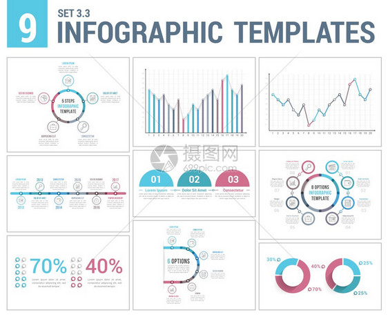 9个图表模板时间表条形和线图饼百分比步骤选择圆形图矢量eps10插图9图片