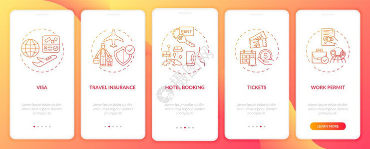 在带有概念的移动应用程序页面屏幕上登机的商务旅行要求免费酒店预约横行5步图形指示带有RGB颜色插图的UI矢量模板在带有概念的移动图片