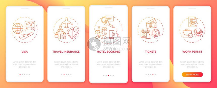 在带有概念的移动应用程序页面屏幕上登机的商务旅行要求免费酒店预约横行5步图形指示带有RGB颜色插图的UI矢量模板在带有概念的移动图片