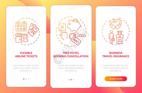 旅行保险通过三步图示指UI矢量模板配有RGB彩色插图相关营销提示装有概念的移动应用程序页面屏幕图片