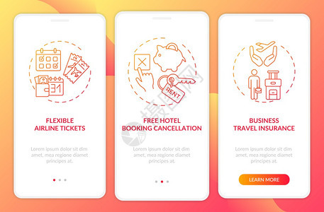 旅行保险通过三步图示指UI矢量模板配有RGB彩色插图相关营销提示装有概念的移动应用程序页面屏幕图片